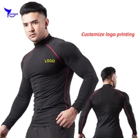 Custom LOGO Long Sleeve Fitness Gym T-Shirt Men Stand Collar Compression Shirts Quick Dry Autumn Cycling Stretch Sportswear Tops