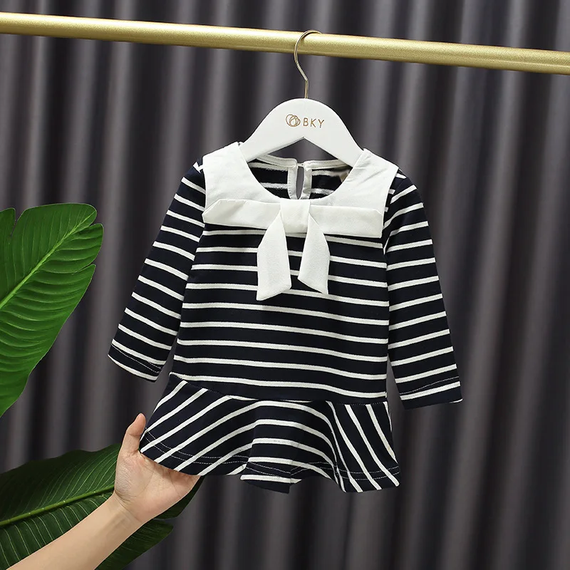 

Baby Girls Cute Lapel Striped Bow Dress Autumn Long Sleeve round Neck Ruffle Princess Dress Kids