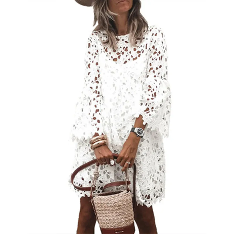 

2021 Spring Ladies Lace Dress Hollow Out Flared Sleeve Ruffle Clothing 2 Pieces Women O-Neck Elegant White Female Casual Dress