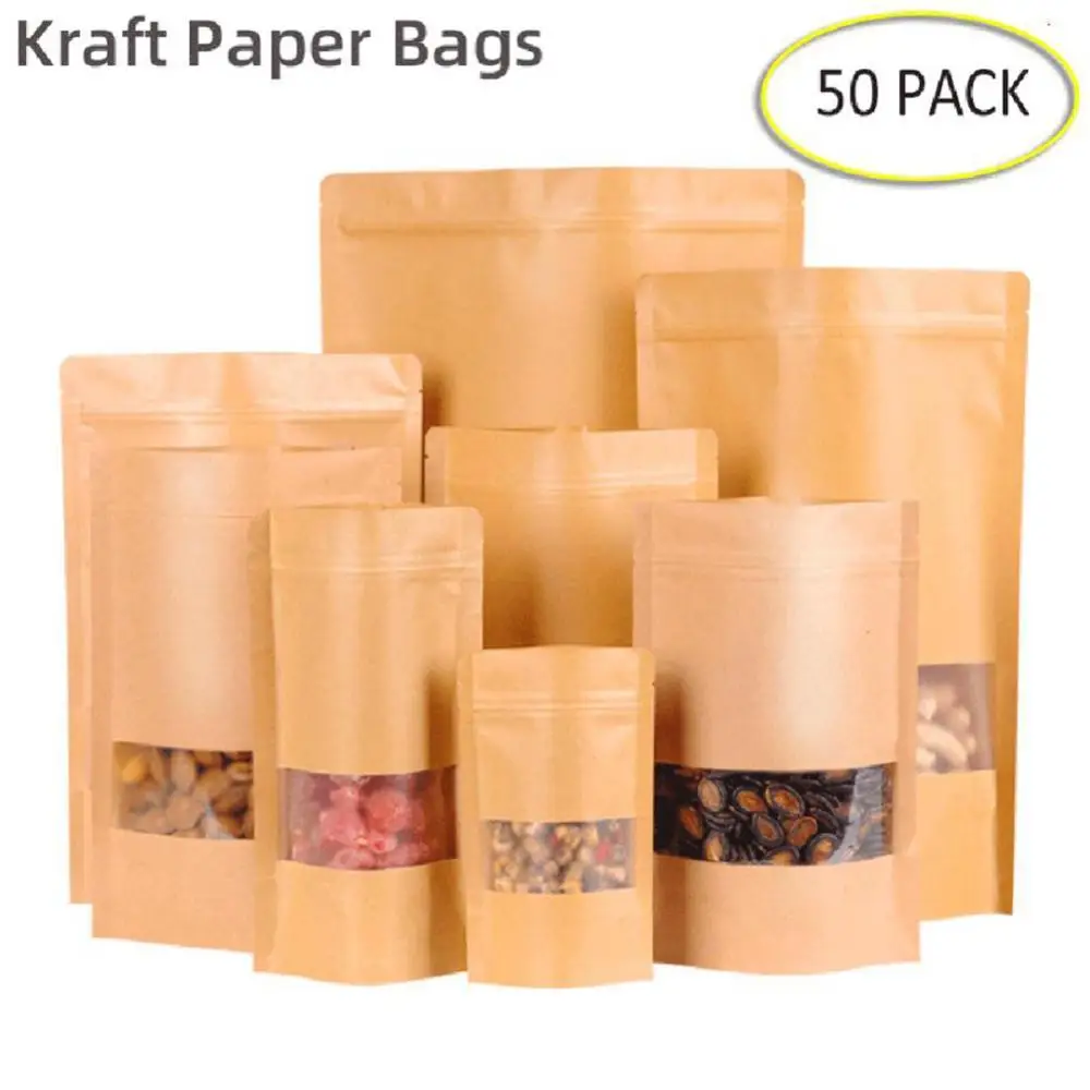 

40% Hot Sales!!! 50Pcs/Set Kraft Zip Stand Bags Tea Coffees Bean Candy Food Snack Storage Pouch