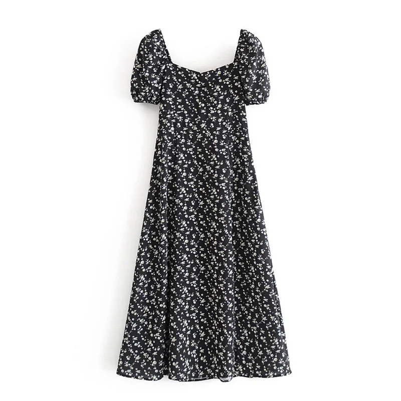 

Clazzaa Women Fashion Printed Side Slit Zipper Midi Dress Vintage Short Sleeve V-Neck Female Dresses
