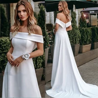 simple wedding dress boat neck for women off the shouder custom made bride downs backless white modest satin cheap 2022