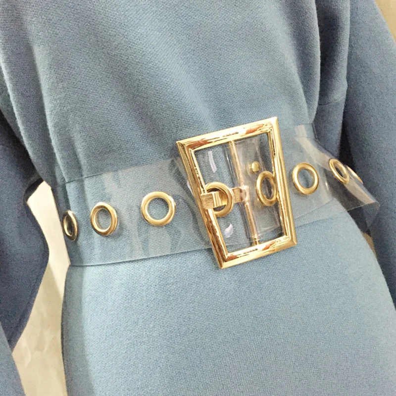 RYFIX Fashion Women Transparent Wide Waist Belt Female Designer colorful Trapezoid Gold Metal Buckle Dress Laser Clear PVC Belt