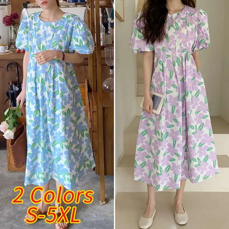 

Short Sleeve Midi Dress Women Floral Printed Holiday Long Dress 2021 VONDA Cotton Pleated Sundress Beach Vestidos Plus Size Robe