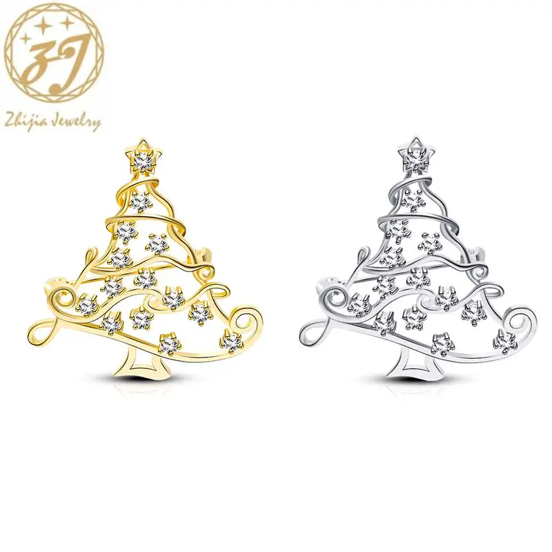 Zhijia Нежный Золотой серебряного цвета со стразами полая елка звезды булавки броши