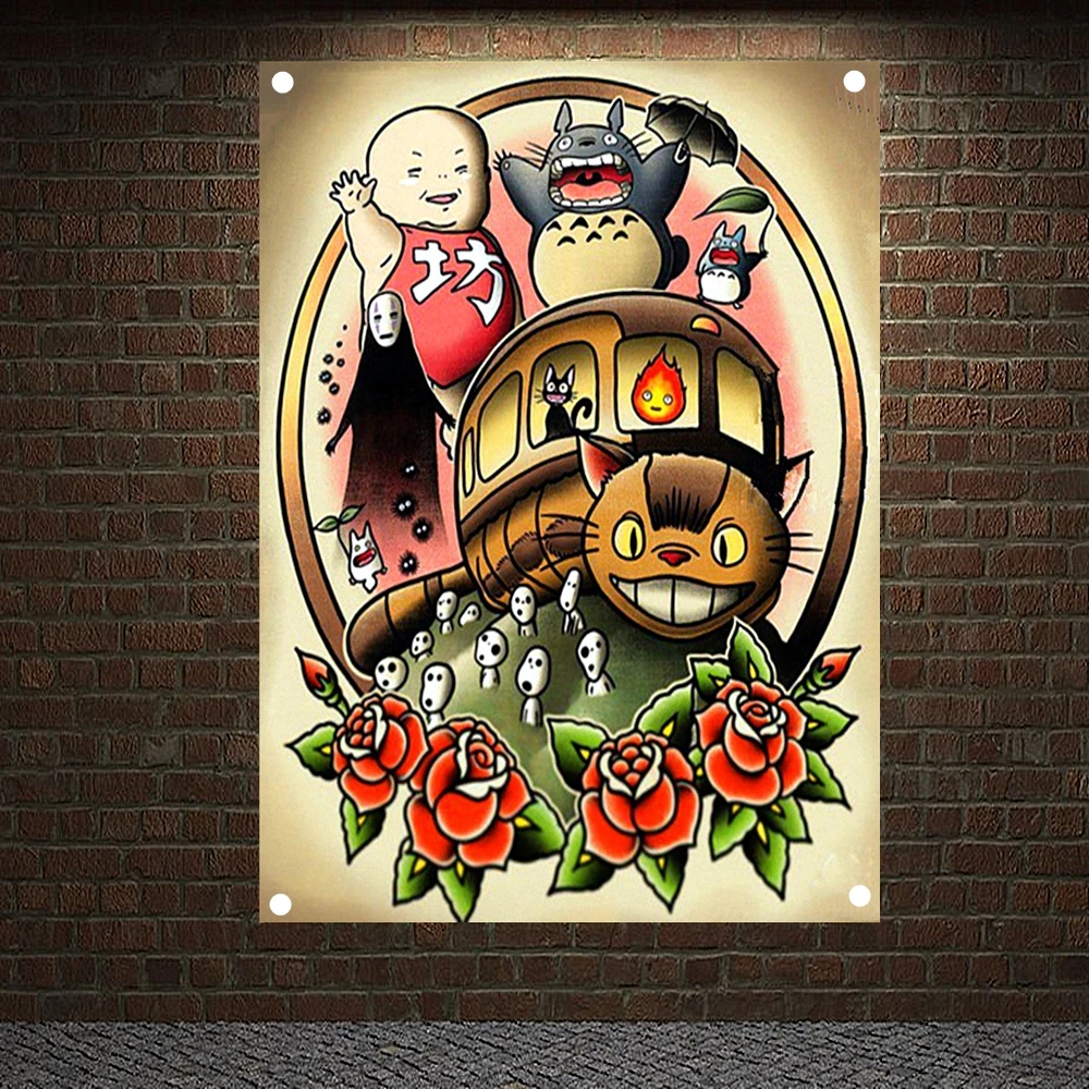 

Japanese Anime Tattoo Banner Vintage Canvas Painting Wall Art Print Posters Home Decor Mural Hanging Flag 4 Gromments in Corners
