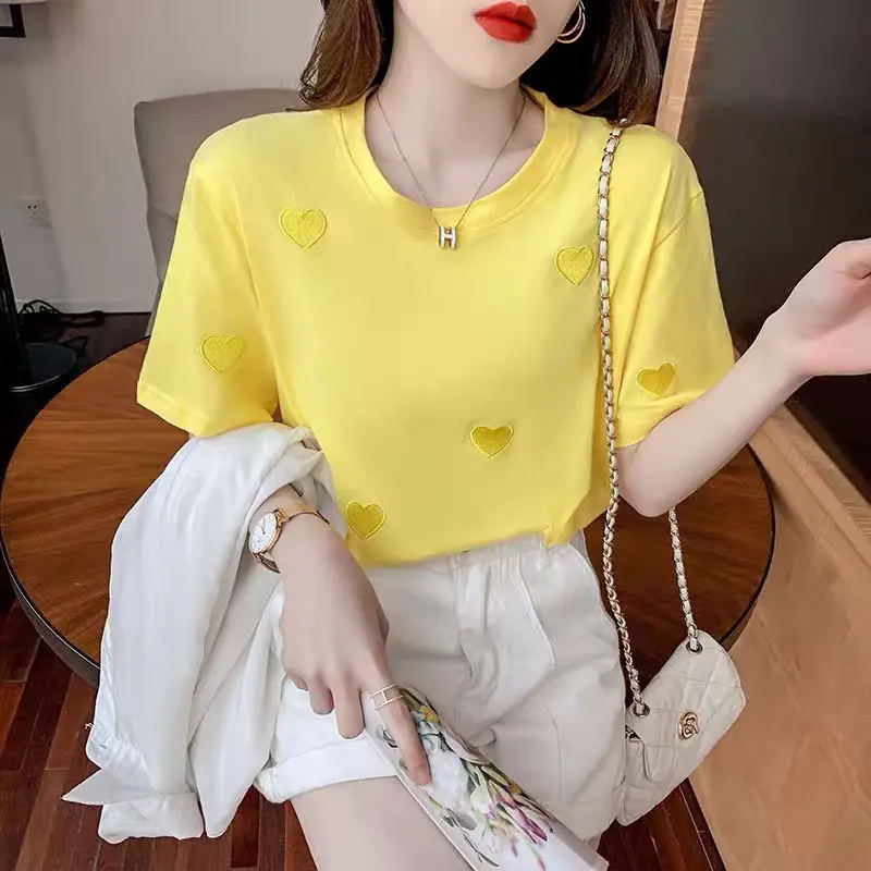 

Short sleeve t-shirt female 2021 new summer loose casual round neck love embroidery versatile top