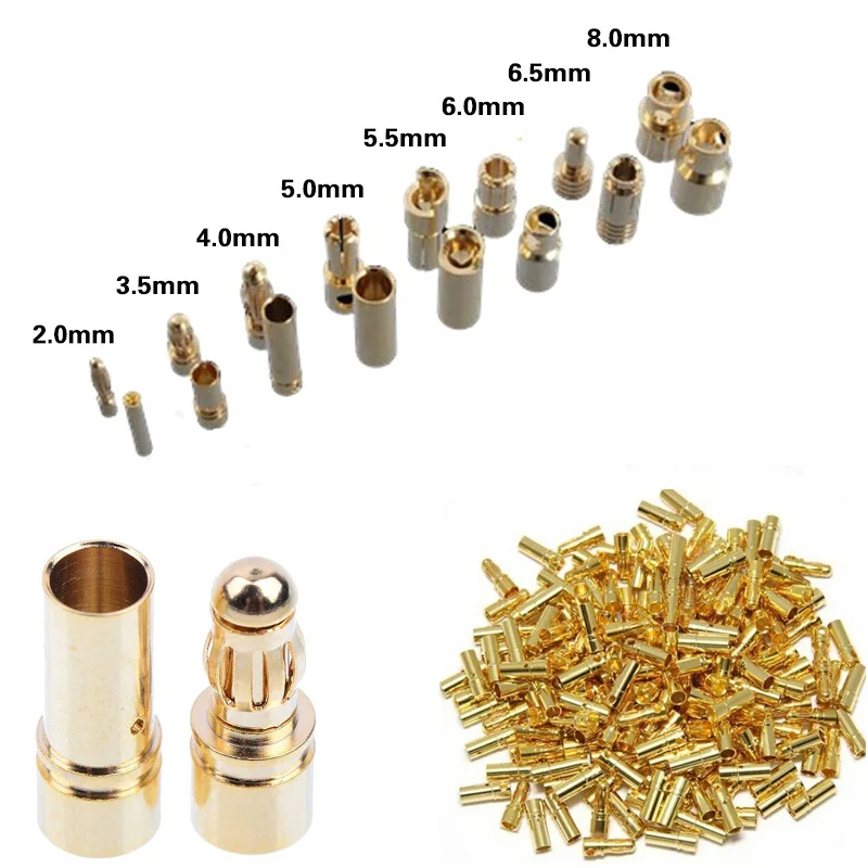 

40pcs/lot 2.0mm 3.0mm 3.5mm 4.0mm 5.5mm 6.0mm 8.0MM Gold Bullet Banana Connector plug for ESC Lipo RC battery Plugs (20 pair)