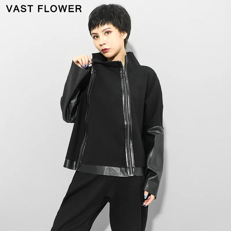 

Patchwork PU Leather Black Oversized Jacket Women Autumn Winter 2021 Zipper Loose Causal Coats Jackets Vintage Clothes Cardigan