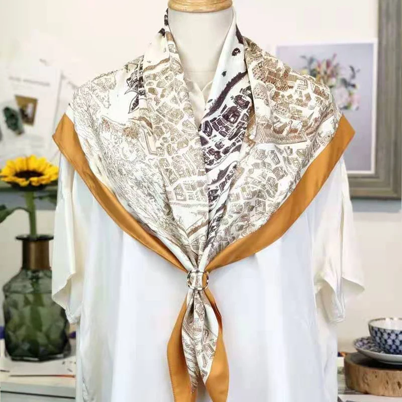 

100% Twill Silk Scarf 14 Momi Square Bandana Luxury Fashion Horse City Print Kerchief Korean-Style Neckerchief Shawl Hijab 90*90