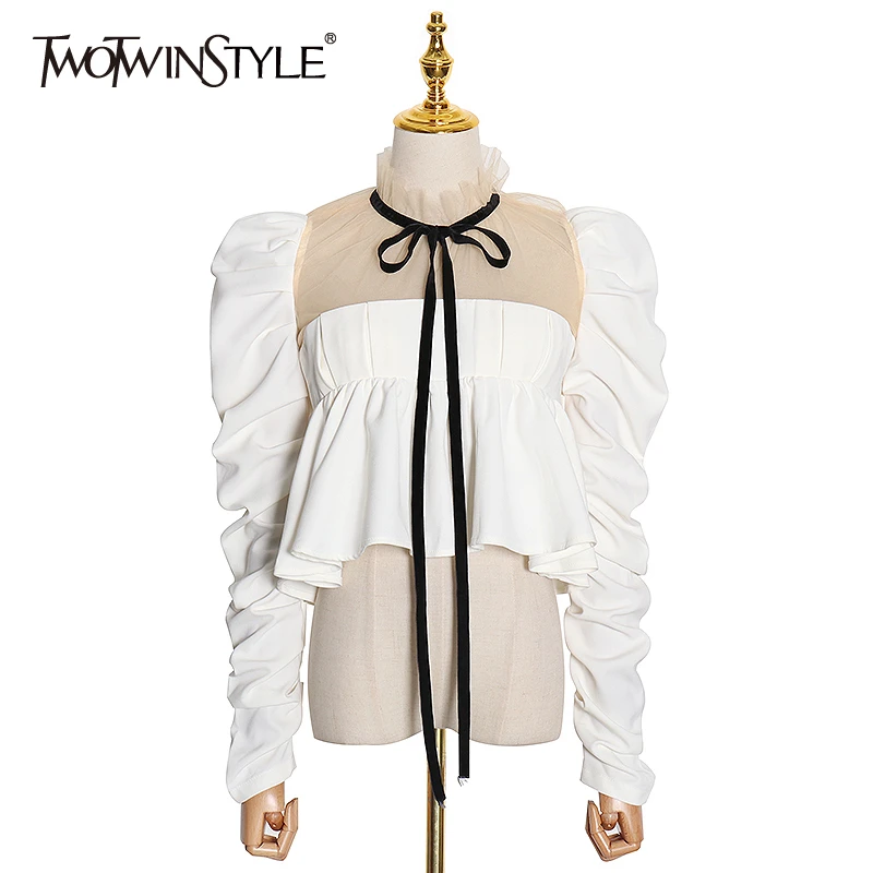 Женская винтажная блузка TWOTWINSTYLE Лоскутная сетчатая рубашка с воротником-стойкой