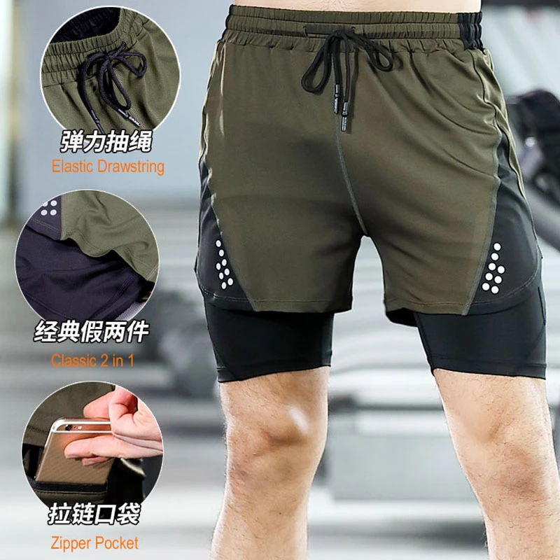Men Running Shorts 2 in 1 Double-deck Workout Short Pants Breathable Gray Green Jogging Fitness Training Gym Sports M-3XL | Спорт и