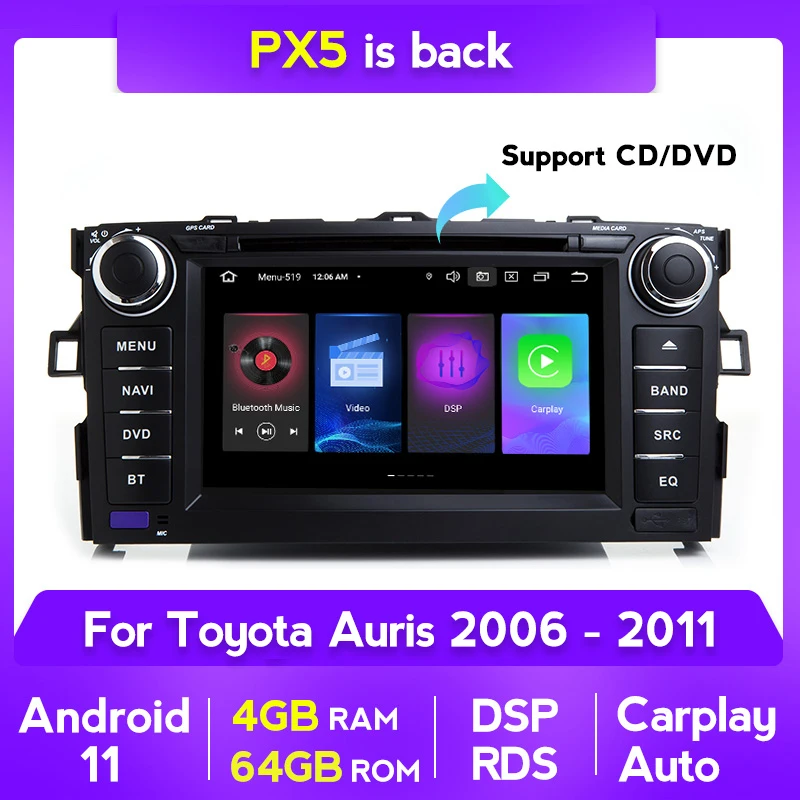 1din RDS Android 11 IPS DSP Carplay автомобильный DVD CD плеер для TOYOTA AURIS 07-11 Octa 8 Core 4 гб + 64 навигация