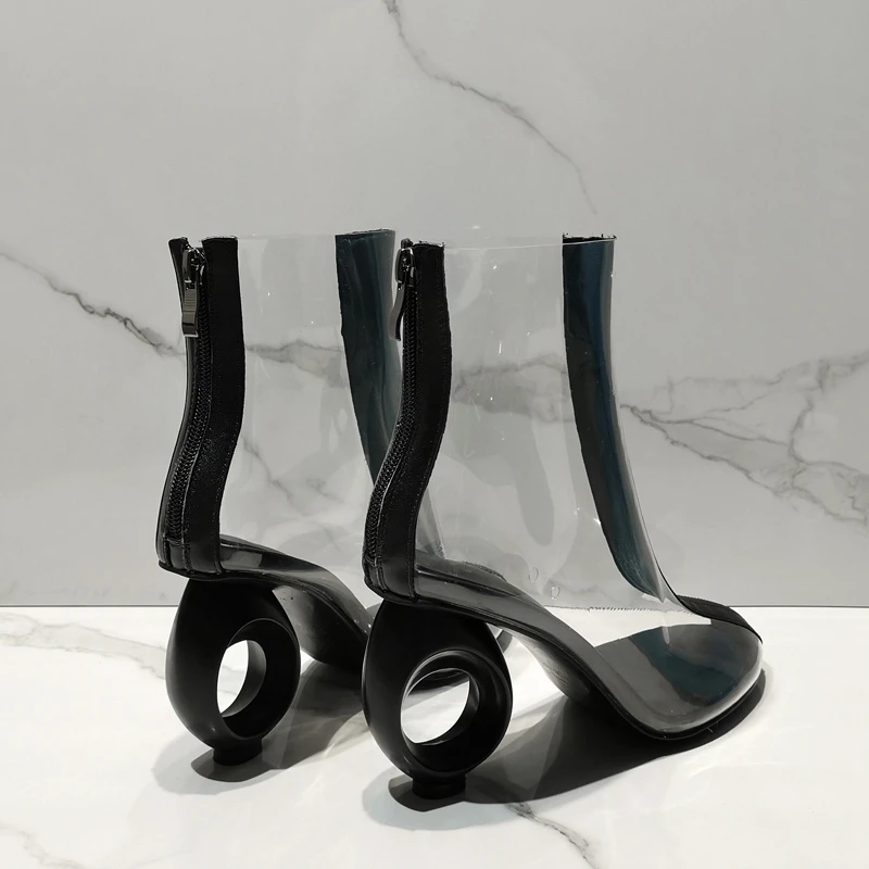 Новые Модные прозрачные сапоги; сезон осень; женские босоножки-лодочки; женская обувь; прозрачные женские ботильоны на не сужающемся книзу массивном каблуке; большие размеры