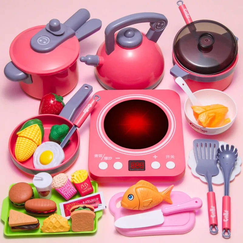

83PCS Children's Kitchen Play House Simulation Large Sound and Light Kitchenware Cooking Food Cutting Fruit Set Toy for Girls