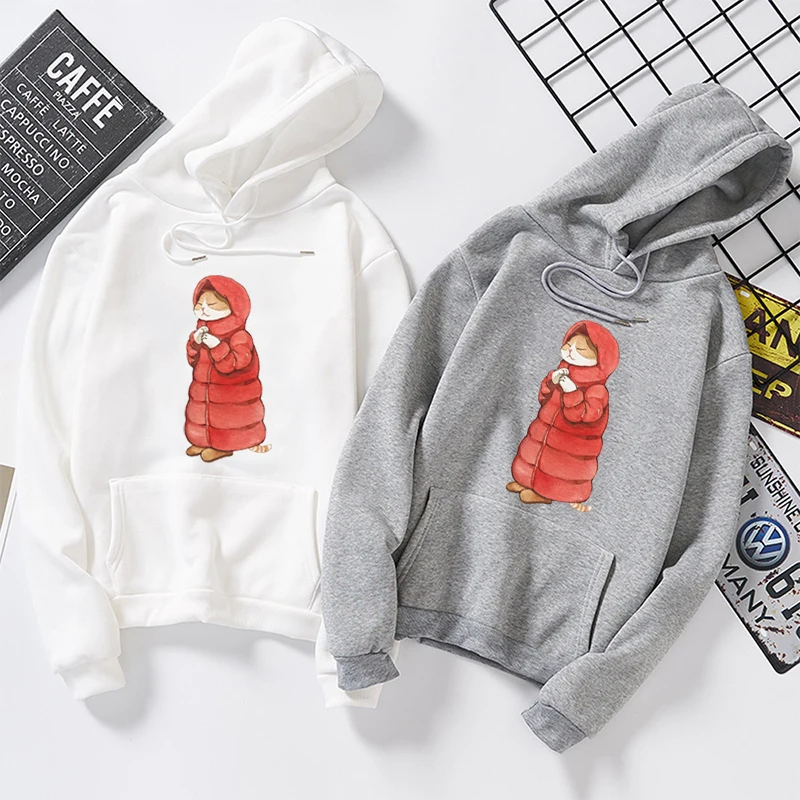 

Autumn Winter Sweatshirt Women Cartoon Cat Printed Hooded Hoodies Harajuku White Pink Long Sleeves Pullovers Femme Clothes Tops