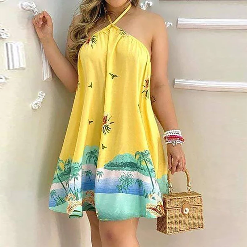 

Women Summer Vacation Beach Halter Mini Dress Maxi Dress Plus Size Dress for Women Beach Style Fashion Sexy Dress