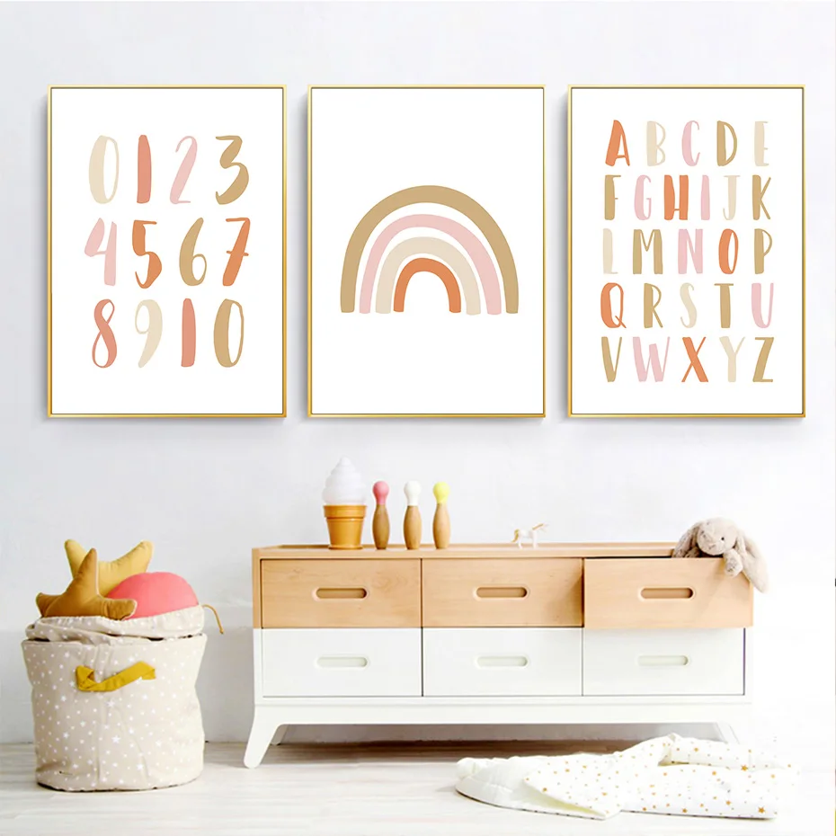 Современные настенные картины с радужным алфавитом для детской комнаты холст