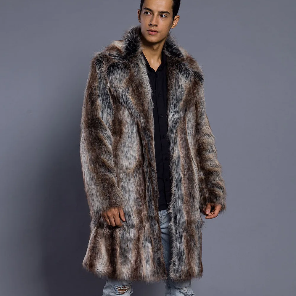 

New Mens Fur Coat Winter Imitation Mink Fur Overcoat Men Long Windbreaker Mink Imitation Faux Fur Coat Striped Coat for Men
