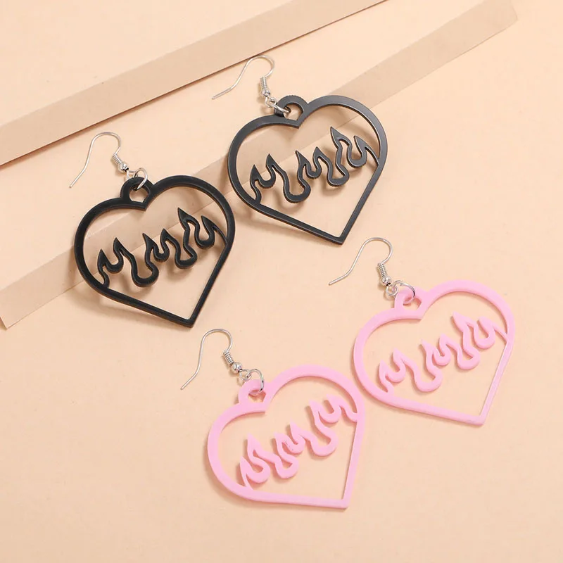 

Black Pink Big Peach Heart Hollow Out Acrylic Earrings for Women Cool Fashion Flame Dangle Earrings Lovely Summer Ear Jewelry