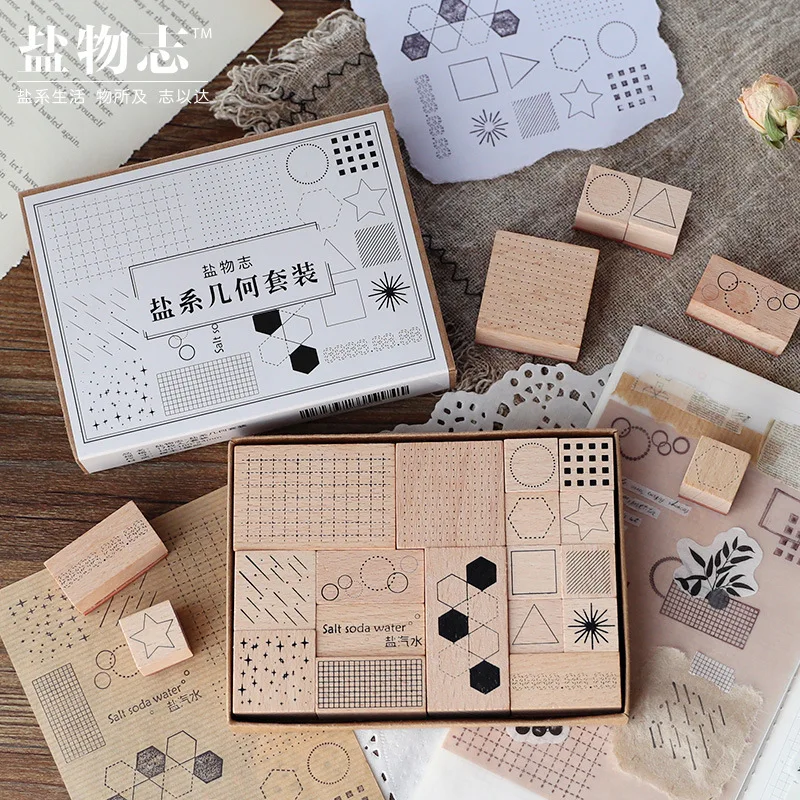 

1set retro wooden stamp basic graphics round dot grid geometric set stamps decoration T090