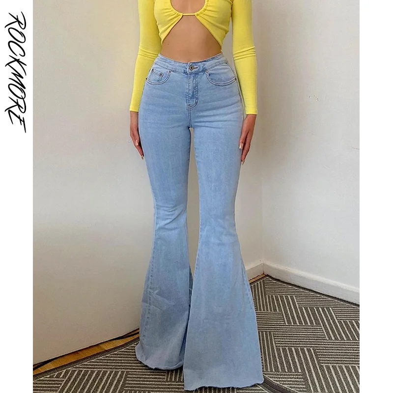 

Rockmore Blue Solid High Waist Skinny Flare Pants Women Bandage Back Slim Femme Streetwear Y2K Mom Long Trousers Korean Ladies