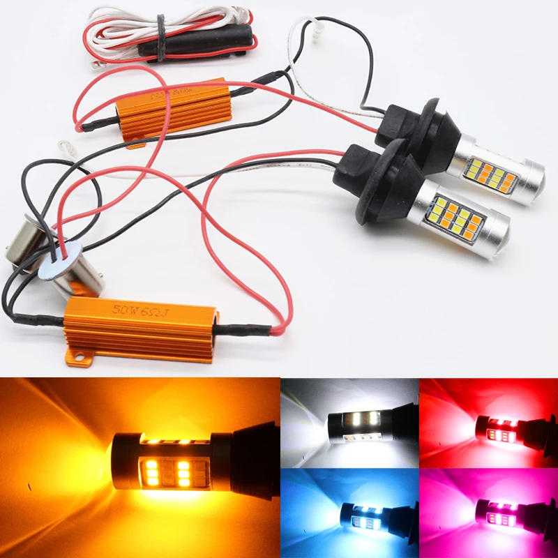 

2Pcs 1156 BA15S BAU15S 7440 T20 LED DRL Car Turning Light 12V Dual Color 42 SMD Auto Daytime Running Light Fog Lamp