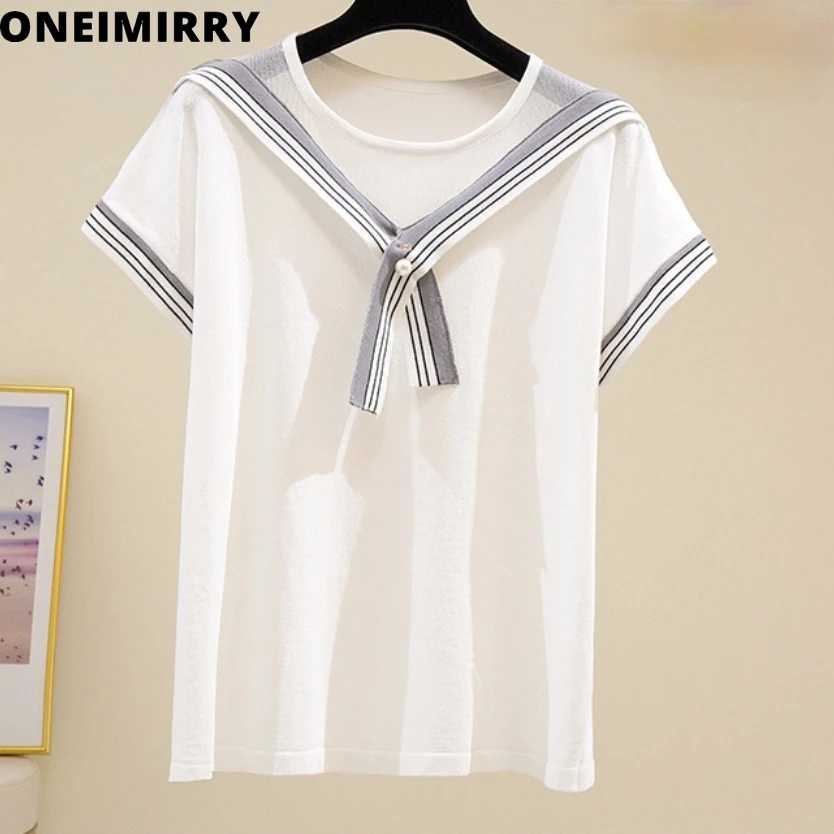 

Oneimirry Summer Short Sleeve Thin T Shirt Women Plus Size Tops Stripe Bandage Fashion Preppy Style Knitted Tees Female Tshirts