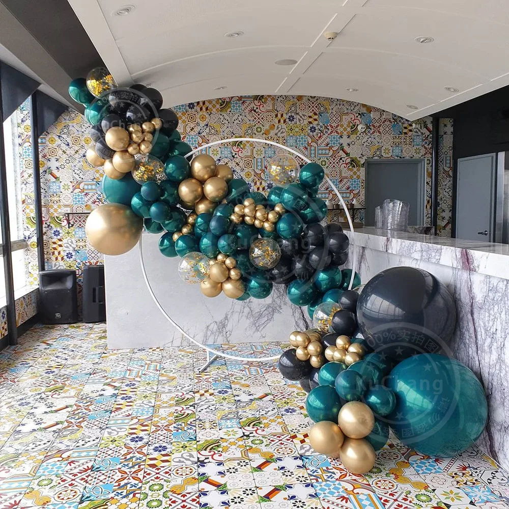 

142Pcs Double Teal Blue And Black Latex Balloon Garland Set Golden Confetti Balloon Bridal Wedding Birthday Party Decoration
