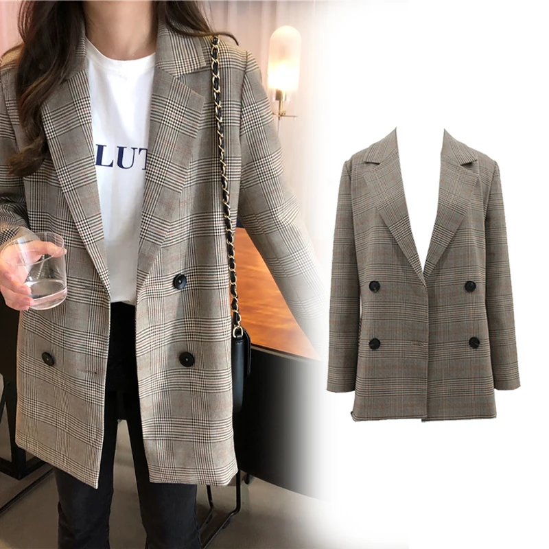

Vintage Fashion Women's Plaid Collar Slotted Tops Autumn Temperament Professional Slim Jacket Long Sleeve Office Lady Blazer