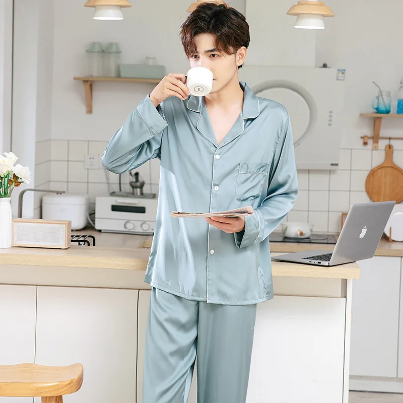 

2021 Men Summer Pajamas Thin Breathable Pajama Sets Black Blue Silk Sleepwear Comfort Satin Pajama Male Casual Pyjama Satin