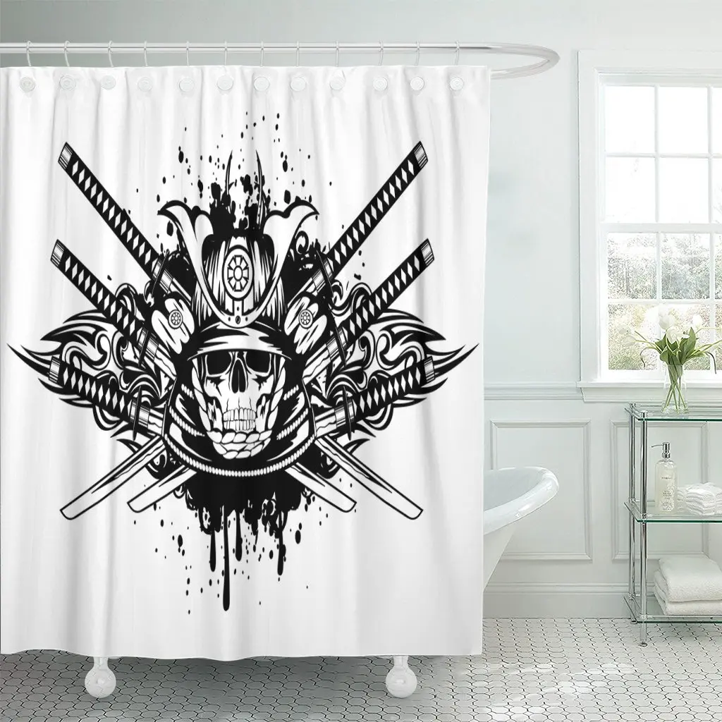 Душевая занавеска Tribal Skull в шлеме самурая и пересекающихся мечах, крыльях из водонепроницаемого полиэстера размером 72 х дюймов комплект с крючками.
