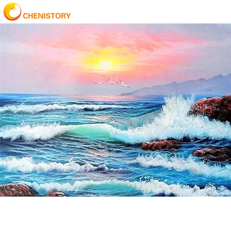 

CHENISTORY 60x75cm Frame Picture By Number Wave Seascape Picture By Numbers Acrylic Paint On Canvas Home Decors Art Diy Kits
