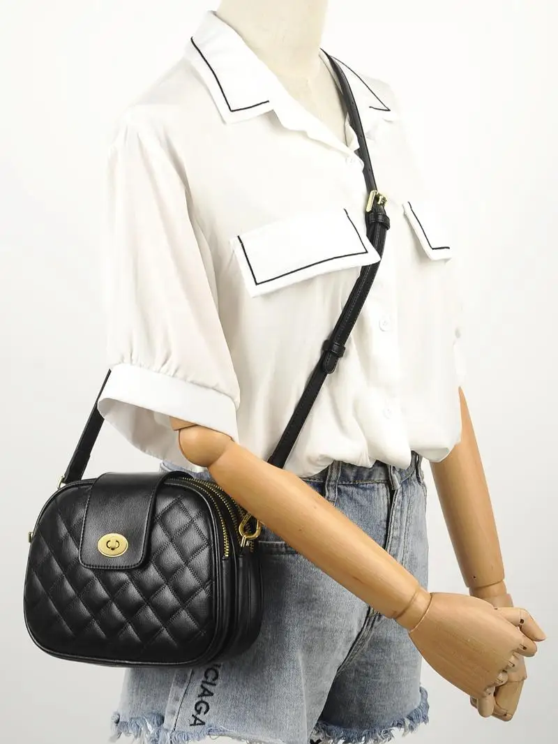 

Tri Zipper Pockets Split Leather Crossbody Bag Women 2021 Plaid Soft Fashion Shoulder Bags Branded Leather Handbags Purse