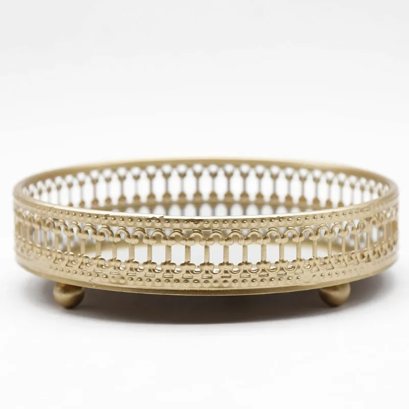 

Table Golden Delicate Jewelry Storage Tray Plate Glass Mirror Base Bedroom Desktop Cosmetic Decorative Organize Plate Basket
