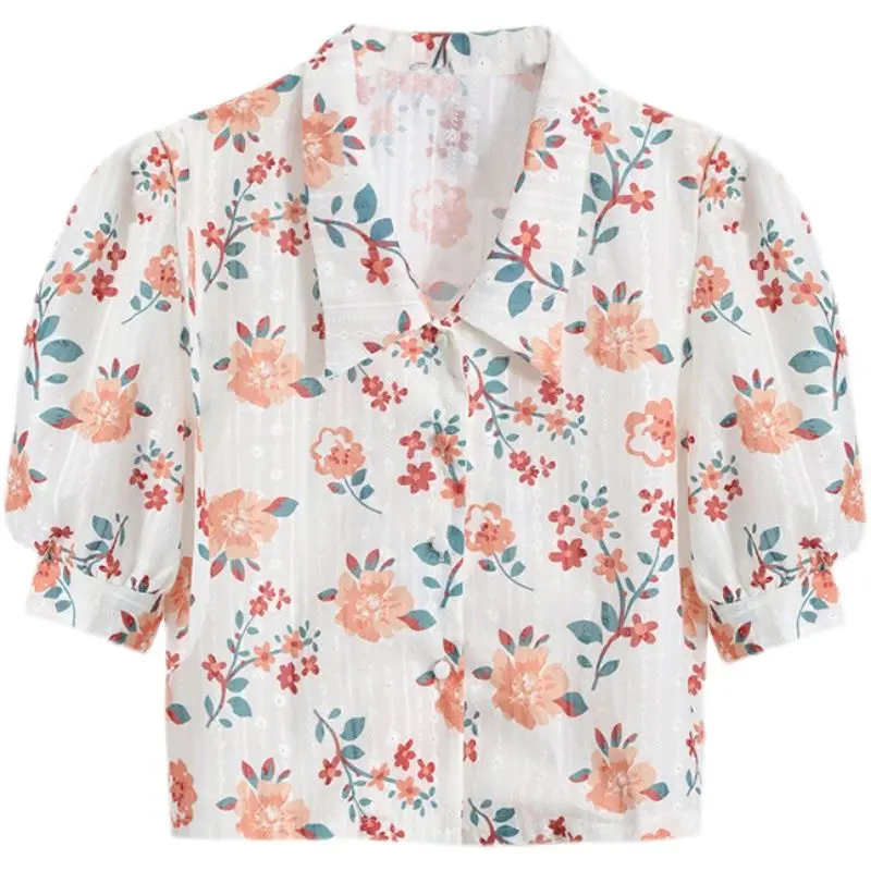 

Tops Casual Women Crop Tops Summer Blouse Female Vintage Chiffon Casual Floral Shirts Puff Sleeve Office Beach Blouse