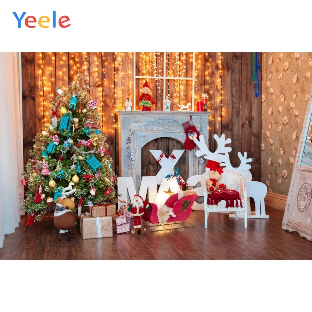 

Christmas Tree Fireplace Light Wooden Floor Baby Birthday Backdrop Photography Custom Photographic Background For Photo Studio