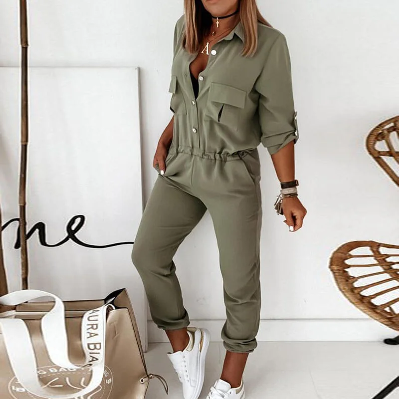

Fashion Solid Pocket Lady Jumpsuit Summer Spring Long Sleeve Overall Playsuits Women Casual Button Cargo Pants Romper Streetwear