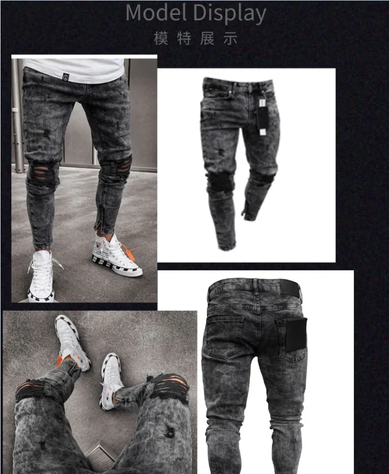 

2021 Men's Jeans Distressed Ripped Biker Jeans Men Hip Hop Slim Fit Holes Punk Denim Stretch Jeans Cotton Pants Zipper jeans