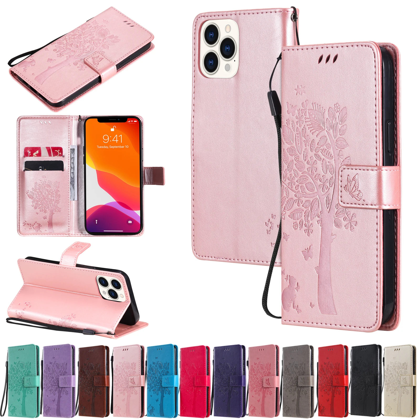 

Flip Case For iPhone 13 /13 Mini /13 Pro/13 Pro Max 3D Embossed Cat and Tree PU Leather Wallet Case Stand Cover Shell Shockproof