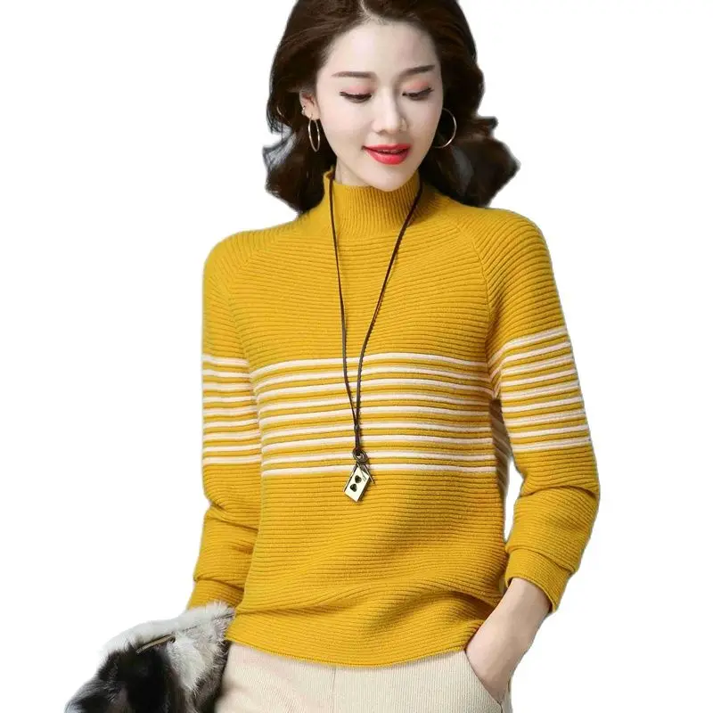 2021 autumn winter half high collar top sweater jacket, new style short, loose, warm striped knitted bottoming shirt.