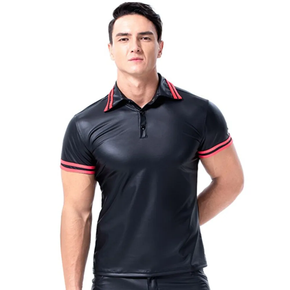 S xxl Сексуальная Готическая мужская полосатая футболка из искусственной кожи с