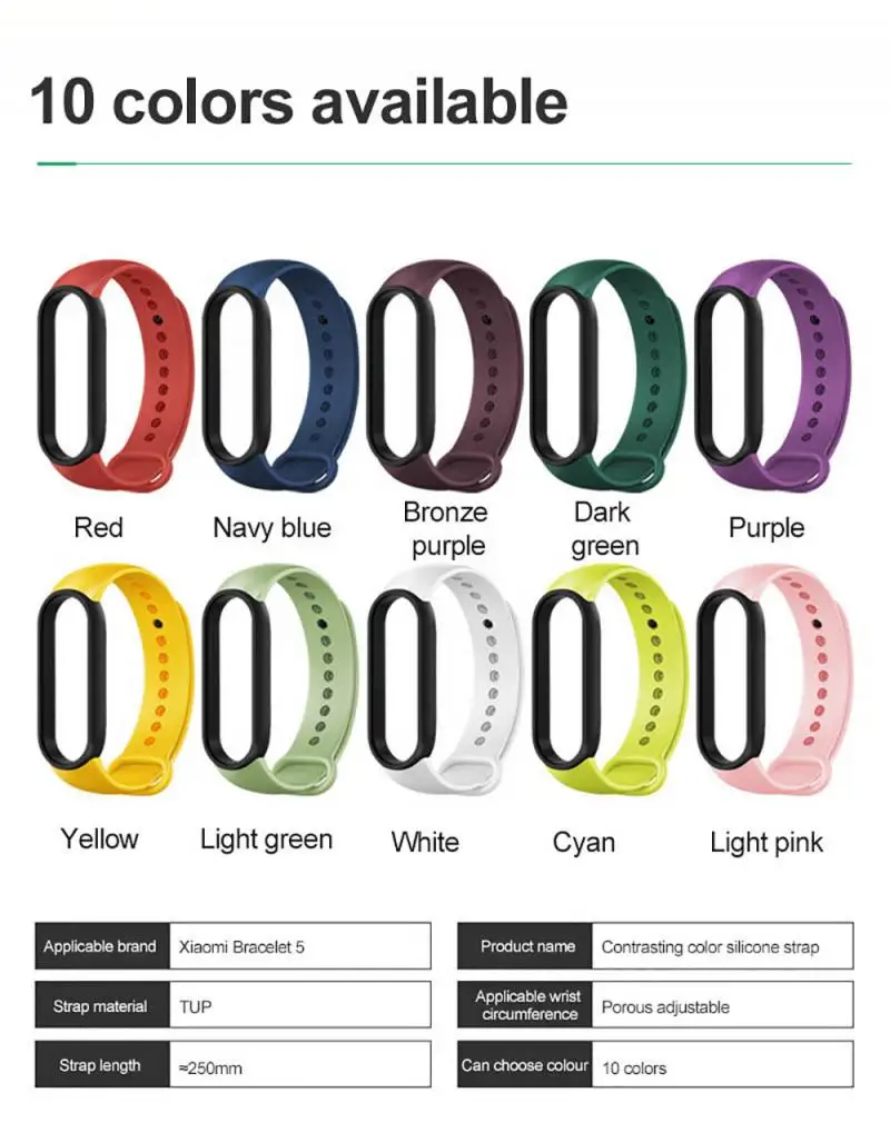 

10 Colors TPU Original Contrasting Color Silicone Strap Compact Design Porous And Adjustable Bracelet Strap, For Xiaomi Miband 5