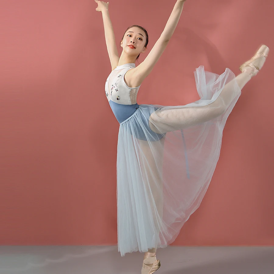 Вышитый цветочный танцевальный купальник без рукавов женское Элегантное синее