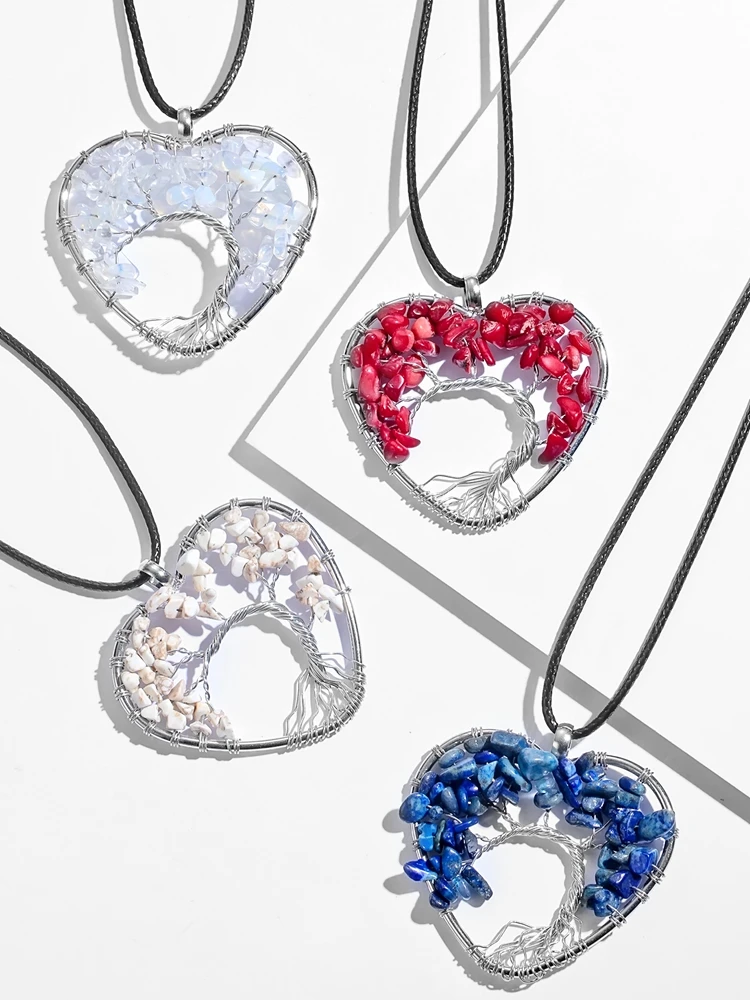 QIMOSHI кулон в форме сердца с кристаллом гравия для женщин девушек Древо жизни