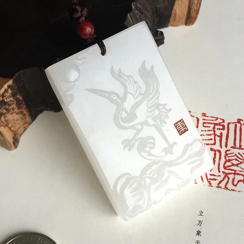 

Natural Chinese White Jade Hand Carved Crane Pendant Fashion Boutique Jewelry Men and Women Necklace Popular Gift