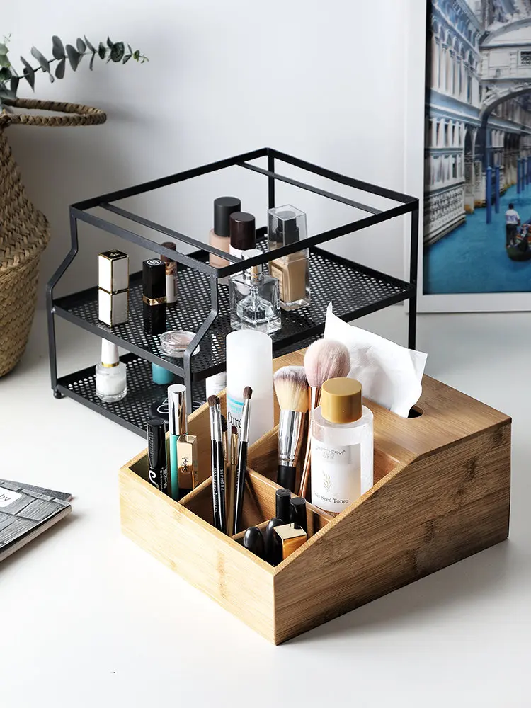 

Nordic Cosmetics Skin Care Mask Storage Box Dressing Table Desktop Household Iron Wood Tissue Box Rack