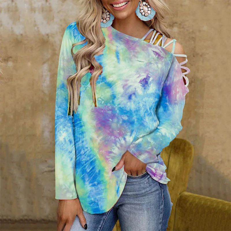 

Tie-Dye Printed Off Shoulder T-shirt Long Sleeve Sexy Casual Loose T-shirt for Women Top Slant Collar Spring and Summer S-2XL