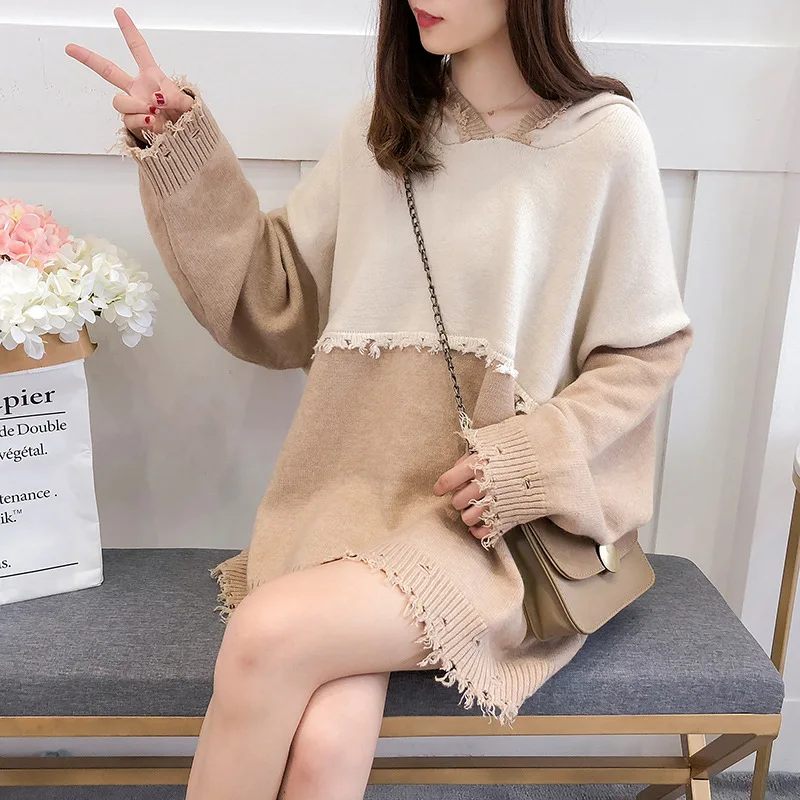 

Bazhenova Women Sweet Autumn Elegant Hooded Knitted Sweatshirts Girls Loose Stitching Knit Tops Office Lady Ripped Hoodies R995