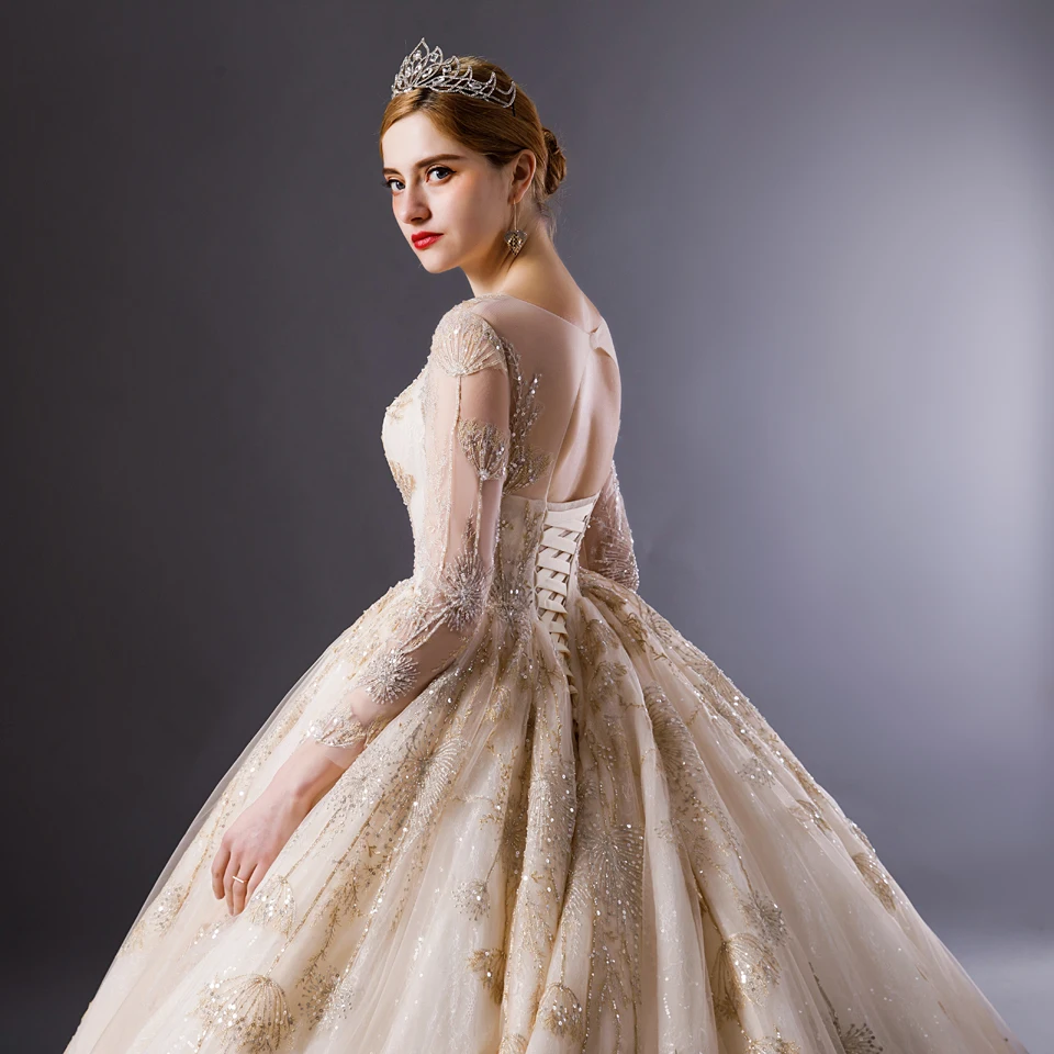 

6103 vestido de fiesta de boda 2020 wedding dress long sleeve Gold lace apliques para laos vestidos novias boda sexy dress